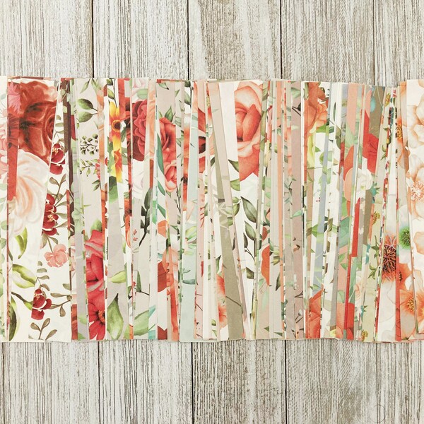 20 pcs RANDOM Red Floral Themed paper stripes / Paper Scraps Destash/ Mixed Media Supply/ Floral Paper Stripes / small paper stripes /