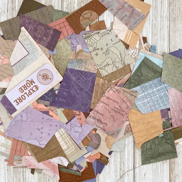 SAMPLE 0.5 OZ  Irregular Shapes Assorted Map Patterns Paper Scrap FLAT Pack/ Various Patterns/ Scrapbook Paper Destash / Paper Scraps