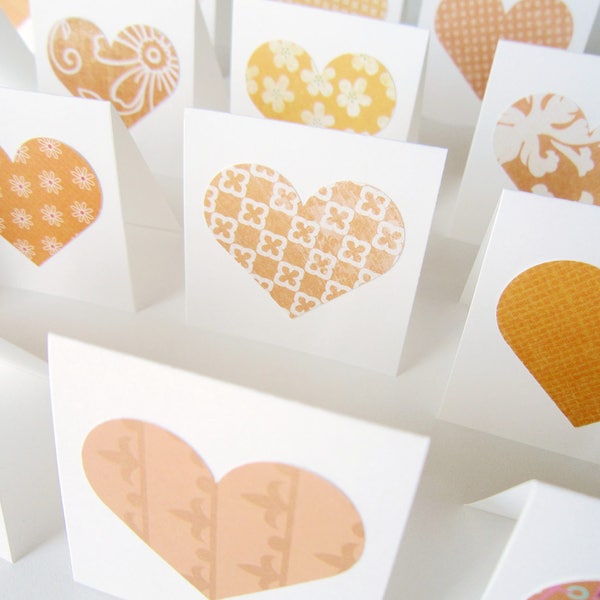 2" x 2" Mini orange Heart Note Cards / Mini Thank You Enclosures / Square note cards / Assorted orange Patterns  / Set of 20