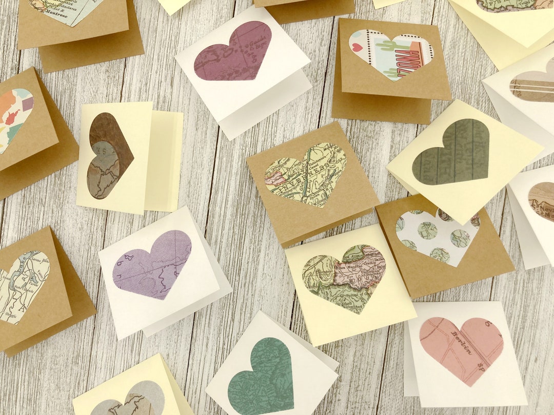 2 X 2 Mini Assorted Map Hearts Note Cards / Mini Thank You Enclosures