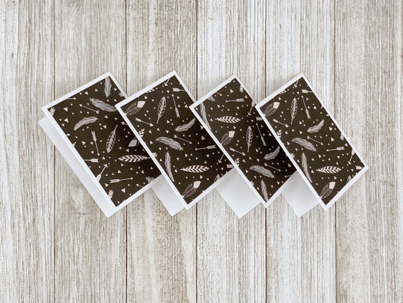 2.5 x 3.25 Lovely Mini Note Cards / Small Note Cards / Blank Note Cards /  Black feather and arrows fold cards / Set of 4