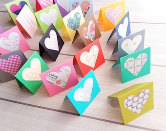 2" x 2" Long Heart Note Cards / Small Thank You Enclosures / Mini Square note cards / Assorted Colorful Cards and Patterns  / Set of 20