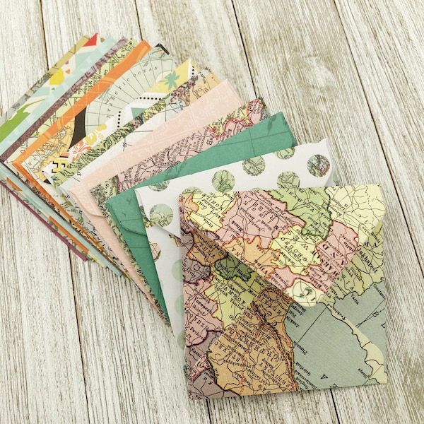 3.25" Square Map/Travel Themed Envelope / Mini Envelope with Inserts / Small Square envelope and cards / PenPal Gift / Set of 10