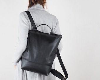 Zwart lederen rugzak tas dames, laptoprugzak, rugzak met ritssluiting, rugzaktas, handgemaakte rugzak, zwartleren rugzak, minimale tas