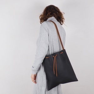 Black leather large shoulder bag, Black shopper bag, Handcraft large bag, handmade leather bags, minimalist black bag, black shopping bag