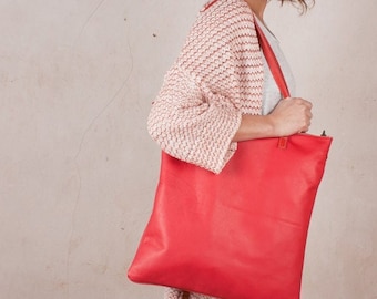 red leather Purse Shopper tote bag, Minimalist bag, Sustainable leather tote, handcrafted bag Large leather bag women, Minimalist rose purse