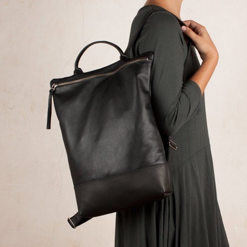 Black Leather Backpack Purse Women Laptop Backpack Zipper Etsy