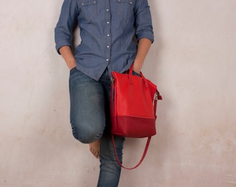 Red Leather tote bag, Handmade leather handbags, zipper leather bag, women leather bag, red shopper bag, leather tote bag, Distressed tote