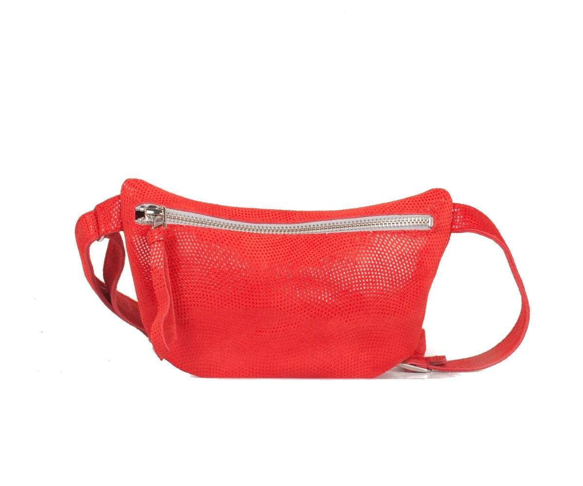 Red Leather Fanny Pack Women Pocket Belt Leather Belt Bag 