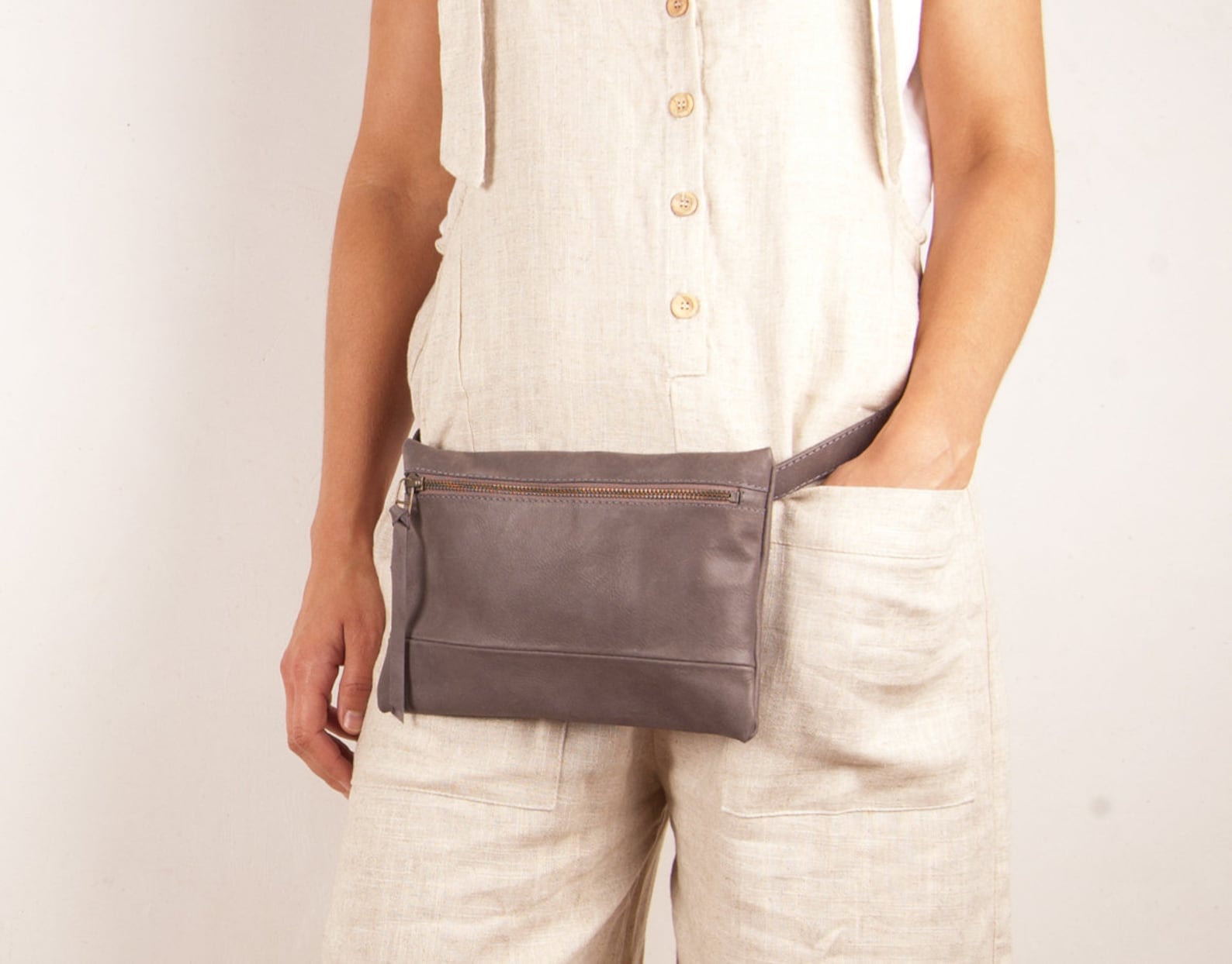 Gray leather fanny pack leather belt bag leather pocket bag Etsy