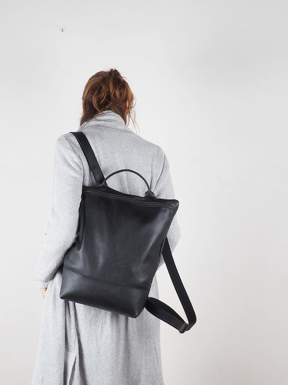 Black Leather Backpack Purse Women Laptop Backpack Zipper | Etsy