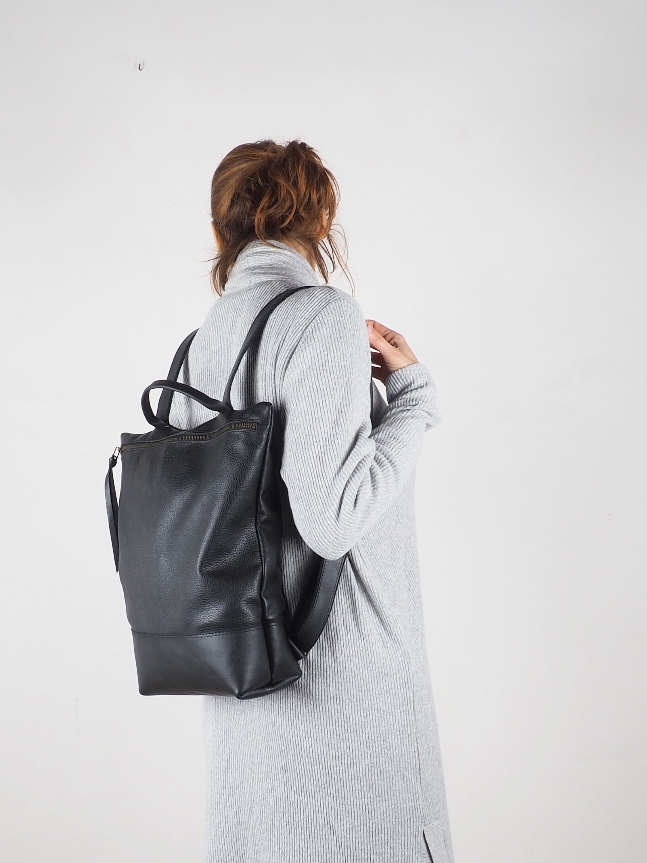 Black Leather backpack purse women laptop backpack zipper | Etsy