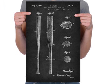 Vintage 1938 "Baseball Bat" Patent Drawing, Retro Art Print Poster, Canvas, Wall Art, Home Decor, Team Sport, Game Of Baseball, Gift Idea