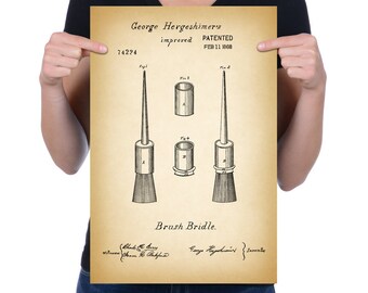 Vintage 1868 "Brush Bridle" Patent Drawing, Retro Art Print Poster, Canvas, Wall Art, Home Decor, Paint Brush, Painting, Gift Idea