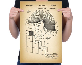Vintage 1947 "Slinky Toy" Patent Drawing, Retro Art Print Poster, Canvas, Wall Art, Home Decor, Classic Toy, Slinky Coil Spring, Gift Idea