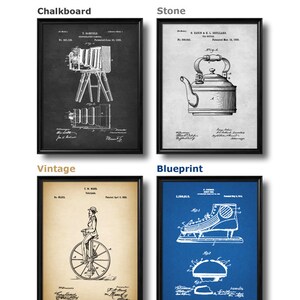 May include: Four vintage patent drawings in different color schemes. The top left image is a chalkboard drawing of a camera. The top right image is a stone drawing of a teapot. The bottom left image is a vintage drawing of a bicycle. The bottom right image is a blueprint drawing of an ice skate.