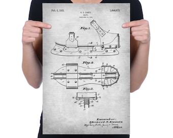 Vintage 1923 "Skate" Patent Drawing, Retro Art Print Poster, Canvas, Wall Art, Home Decor, Winter Sport, Ice Skating, Hockey, Gift Idea
