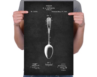 May include: Black and white patent drawing of a spoon design. The drawing shows the spoon from the side and includes details of the spoon's shape and design. The patent number is 19,851 and the patent date is May 27, 1890.