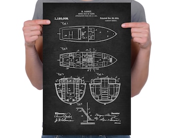 Vintage 1914 "jacht" Patent tekening, Retro Art Print Poster met kunst aan de muur, Decor van het huis, motorboot, zeilen, varen, zeilen, cadeau idee