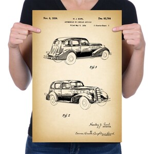Vintage 1934 &quot;Automobile&quot; Patent Drawing, Retro Art Print Poster, Canvas, Wall Art, Home Decor, Automotive, Old Car Design, Gift Idea