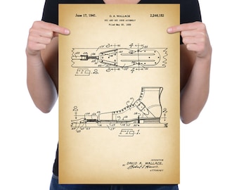 Vintage 1941 "Ski Shoe Assembly" Patent Drawing, Retro Art Print Poster, Canvas, Wall Art, Home Decor, Skiing, Snow Ski, Skis, Gift Idea