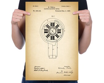 Vintage 1889 "Electric Motor" by Nikola Tesla, Patent Drawing, Retro Art Print Poster, Canvas, Wall Art, Home Decor, Technology, Gift Idea