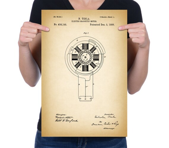 Vintage 1889 "Electric Motor" by Nikola Tesla, Patent Drawing, Retro Art Print Poster, Canvas, Wall Art, Home Decor, Technology, Gift Idea