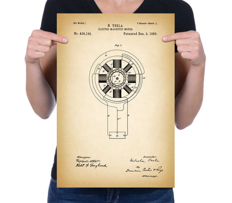 May include: A vintage patent drawing for an electro magnetic motor, patented on December 3, 1889, by Nikola Tesla. The drawing shows a detailed diagram of the motor with labeled parts and wiring. The patent number is 416,195.
