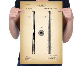 Vintage 1885 "Base Ball Bat" Patent Drawing, Retro Art Print Poster, Wall Art, Home Decor, Gift Idea
