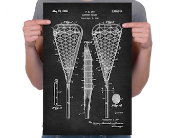 Vintage 1950 "Lacrosse rakieta" rysunek patent, retro Art Print plakat, płótno, Wall art, wystrój wnętrz, Sport, gry pole, pomysł na prezent