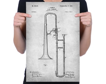 Vintage 1902 "Slide Trombone" Patent Drawing, Retro Art Print Poster, Wall Art, Home Decor, Musical Instrument, Band, Jazz, Gift Idea