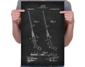Vintage 1916 "Hockey Stick" Patent Drawing, Retro Art Print Poster, Canvas, Wall Art, Home Decor, Winter Sport, Ice Hockey, Gift Idea