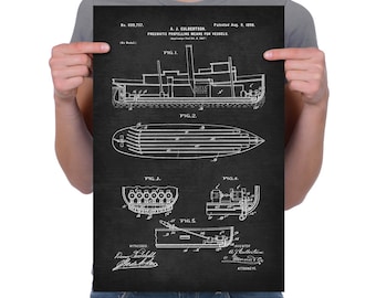 Vintage 1898 "Boat Propelling" Patent Drawing, Retro Art Print Poster, Canvas, Wall Art, Home Decor, Motor Boat, Sailing, Boating, Gift Idea