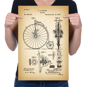 Vintage 1887 &quot;Bicycle&quot; Patent Drawing, Retro Art Print Poster, Canvas, Wall Art, Home Decor, Old Fashion Bike, Cycling, Gift Idea