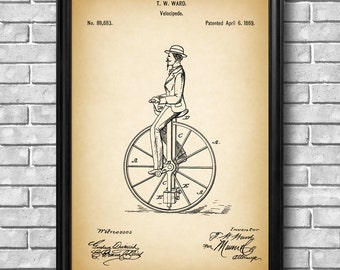 Disegno brevettuale vintage del 1869 "Velocipede", poster di stampa artistica retrò, tela, arte murale, arredamento per la casa, monociclo, monociclo, ciclismo, idea regalo
