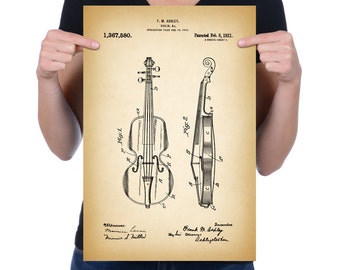 Vintage 1921 "Violin" Patent Drawing, Retro Art Print Poster, Canvas, Wall Art, Home Decor, Gift Idea