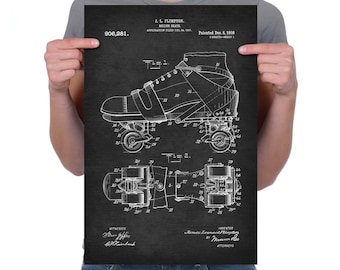 Vintage 1908 "Roller Skate" Patent Drawing, Retro Art Print Poster, Canvas, Wall Art, Home Decor, Skating, Roller Derby, Gift Idea