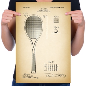 Vintage 1904 &quot;Tennis Racket&quot; Patent Drawing, Retro Art Print Poster, Canvas, Wall Art, Home Decor, Gift Idea
