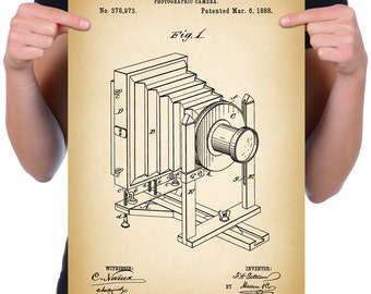 Vintage 1888 "Cámara fotográfica" Dibujo de patente, Retro Arte Imprimir Cartel, Lienzo, Arte de pared, Decoración del hogar, Histórico, Fotografía, Idea de regalo