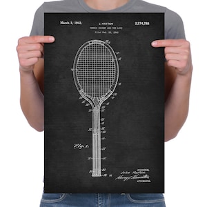 Vintage 1940 &quot;Tennis Racket&quot; Patent Drawing, Retro Art Print Poster, Canvas, Wall Art, Home Decor, Sport, Game Of Tennis, Gift Idea