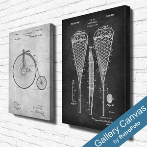 May include: Two vintage patent drawings on a gray background. The left drawing shows a bicycle with a large front wheel and a smaller rear wheel. The right drawing shows a lacrosse stick with a net. The text on the right drawing reads "May 23, 1950", "F.G. JAY", "LACROSSE RACQUET", "Filed Sept. 8, 1948", "2,508,519".