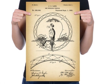 Vintage 1885 "uno ruote veicolo" disegno di brevetto, Retro arte stampa Poster, Canvas, arte della parete, Oggettistica per la casa, strano, bicicletta, Idea regalo