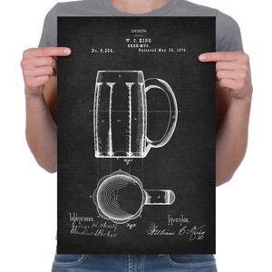 Vintage 1876 &quot;Beer-Mug&quot; Patent Drawing, Retro Art Print Poster, Canvas, Wall Art, Home Decor, Beer Drinking, Oktoberfest, Party, Gift Idea