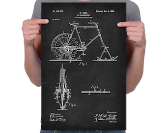 Vintage 1899 "Ice Velocipede" Patent Drawing, Retro Art Print Poster, Canvas, Wall Art, Home Decor, Winter Bicycle, Snow Cycling, Gift Idea