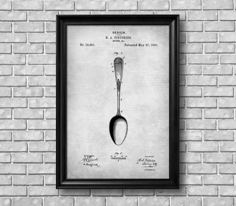 Vintage 1890 Spoon Patent Drawing, Retro Art Print Poster, Canvas, Wall Art, Home Decor, Kitchen Utensil, Dining, Eating, Gift Idea image 2