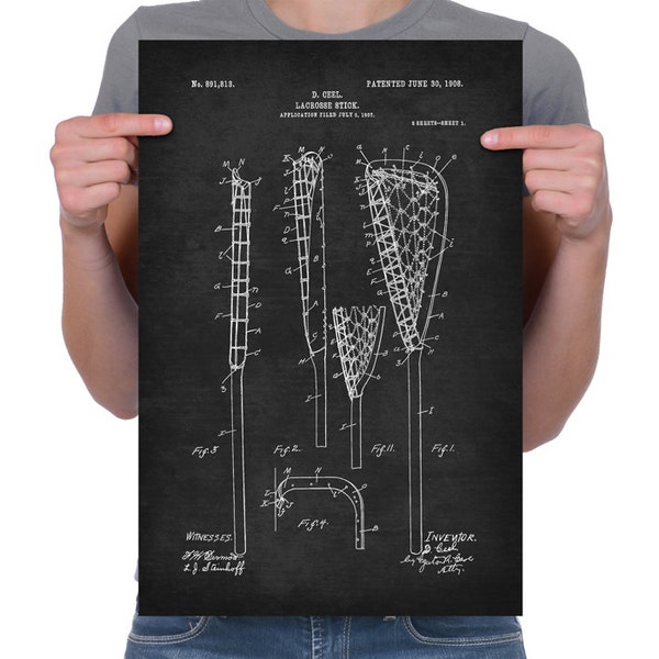 Vintage 1908 "Lacrosse Stick" Patent Drawing, Retro Art Print Poster, Canvas, Wall Art, Home Decor, Sport, Field Game, Gift Idea