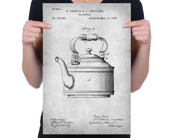 Vintage 1889 "Tea Kettle" Patent Drawing, Retro Art Print Poster, Canvas, Wall Art, Home Decor, Tea, Coffee Brewing, Drinking, Gift Idea