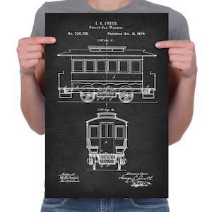 Vintage 1879 &quot;Street-Car&quot; Patent Drawing, Retro Art Print Poster, Canvas, Wall Art, Home Decor, Tram, Trolley, Gift Idea