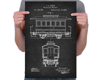 May include: Black and white line drawing of a streetcar warmer patent, No. 220,718, patented 21st October 1879. The patent drawing shows a side view and a front view of the streetcar warmer.