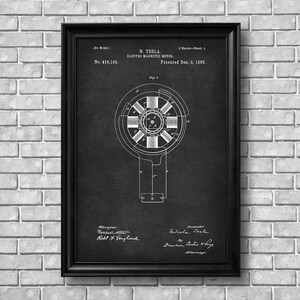 May include: Black and white patent drawing of Nikola Tesla's electro magnetic motor, patent number 416,195, patented December 3, 1889.